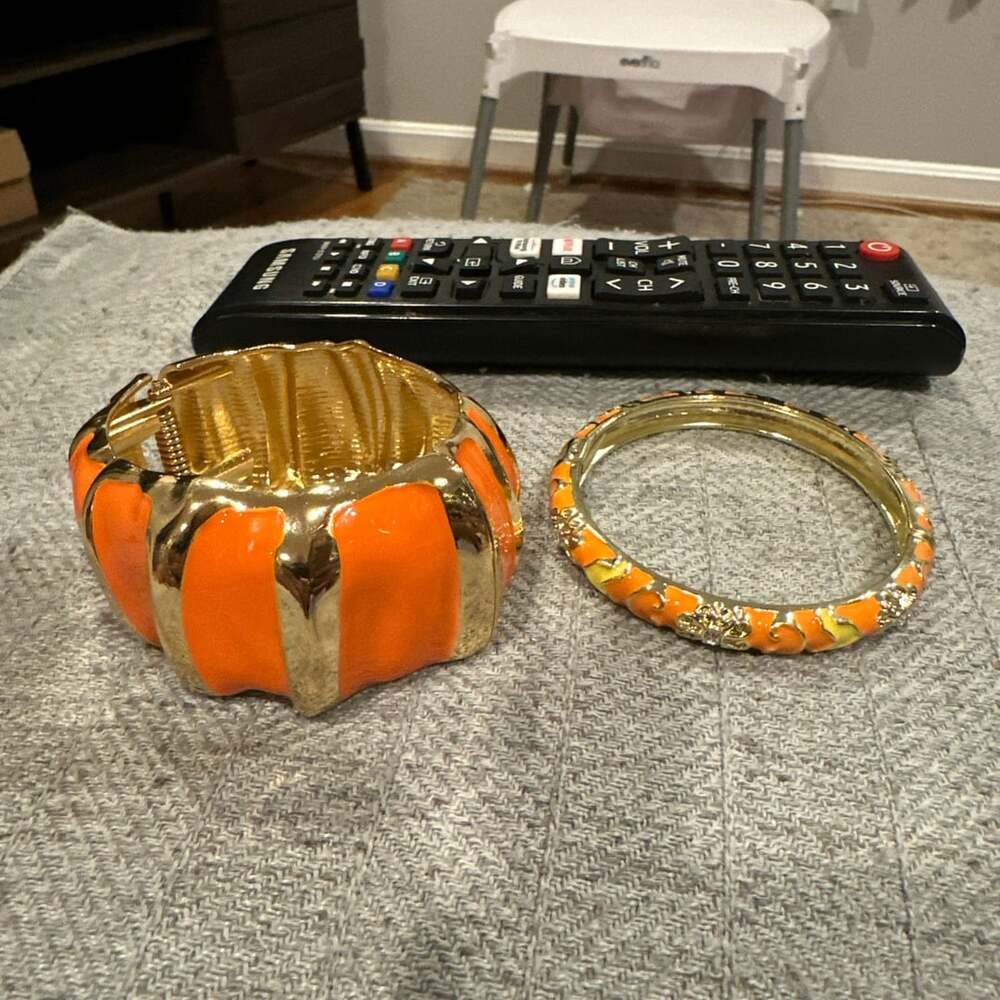 Orange Enamel and Gold-Tone Hinged Bangle Bracelet Set